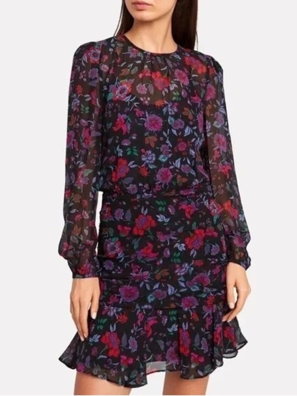Veronica Beard 'Robin' Ruched Floral Silk Mini-Dress, Black Multi - Size 4